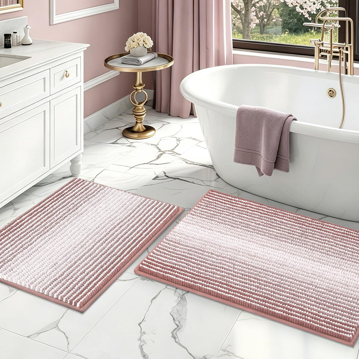 BSICPRO Bathroom Rugs Sets 2 Piece, Non Slip Boho Bath Mats, Beige