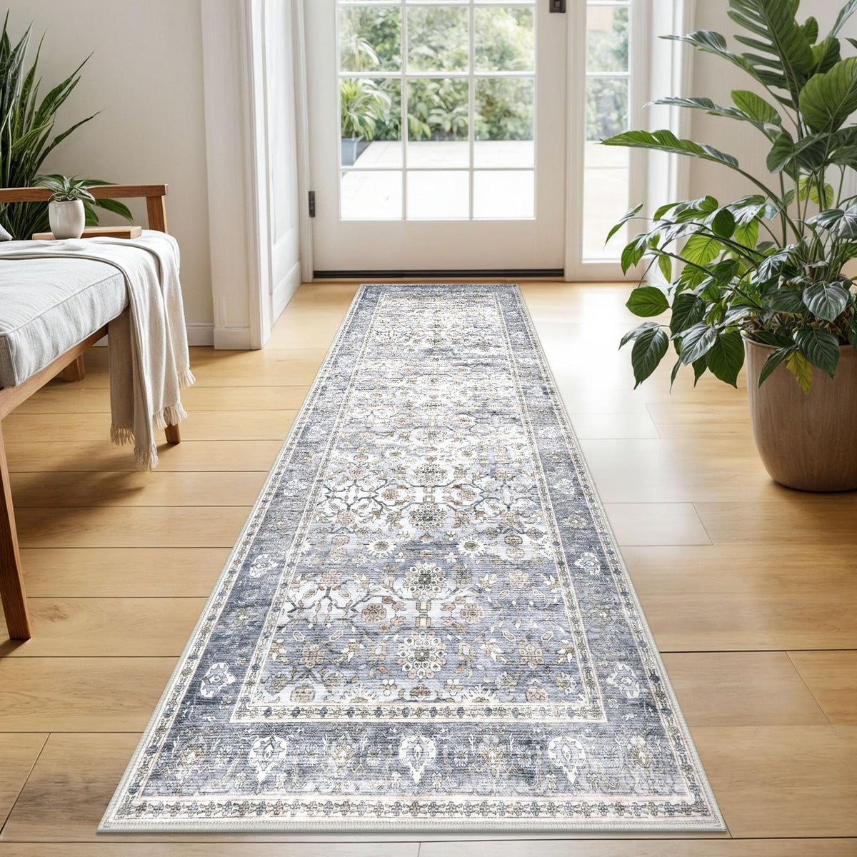 KUTA Vintage Floral Washable 2x3 Rugs for Entryway Blue Grey Beige