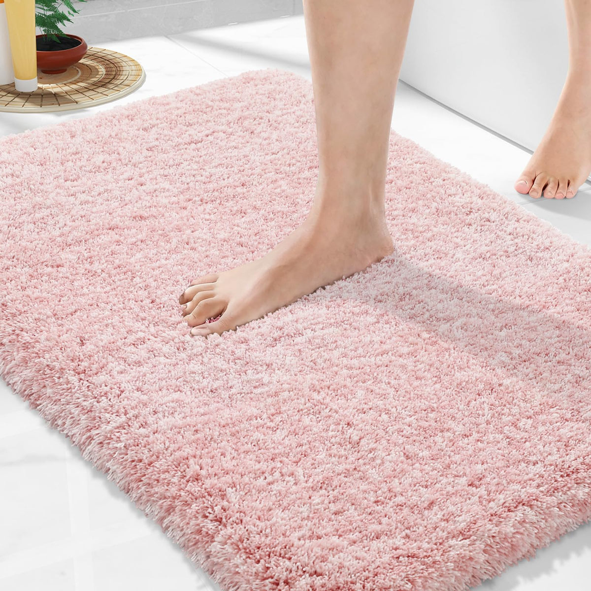 Yimobra Bathroom Rugs Non Slip Washable 32X20, Ultra Soft and Water Absorbent Bath Mats, Plush Fluffy Shower Mat Outside, Microfiber Thick Matts for Bathroom Floor/Tub, Light Gray and White