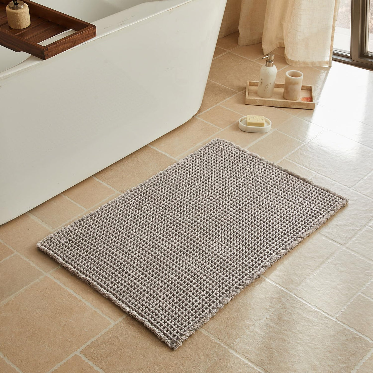 Triohero Waffle Bath Mat, Small Boho Bathroom Rugs Non Slip, 16x24 Khaki