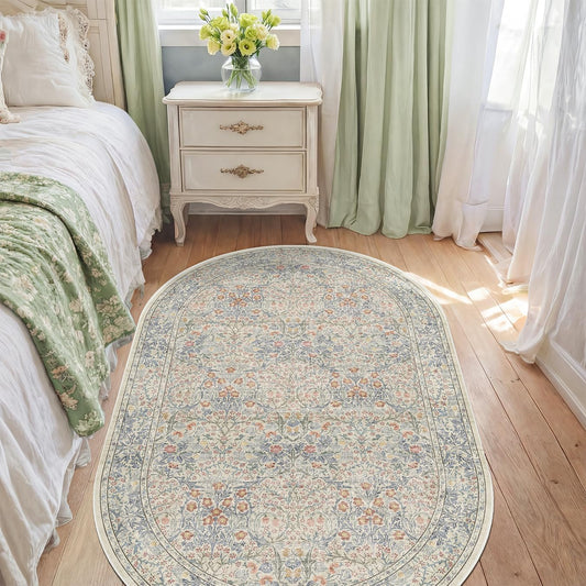 Washable Oval 3x5 Bedside Rugs for Bedroom, Large Kitchen, Indoor Entryway Rug - Ultra Soft Vintage Floral Beige Blue Decor Non-Slip Low Pile Stain Resistant (3x5 Beige Blue)