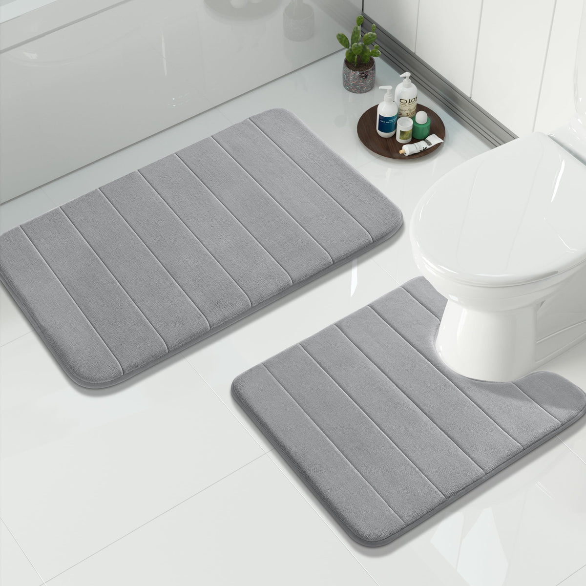Yimobra Memory Foam Bathroom Rugs Sets 2 Piece - Super Soft Absorbent Quick Dry Bath Mat Set, Machine Washable Non Slip Floor Carpet for Tub Shower & Single Sink (17x24 & 31.5x20 Inch, Gray)