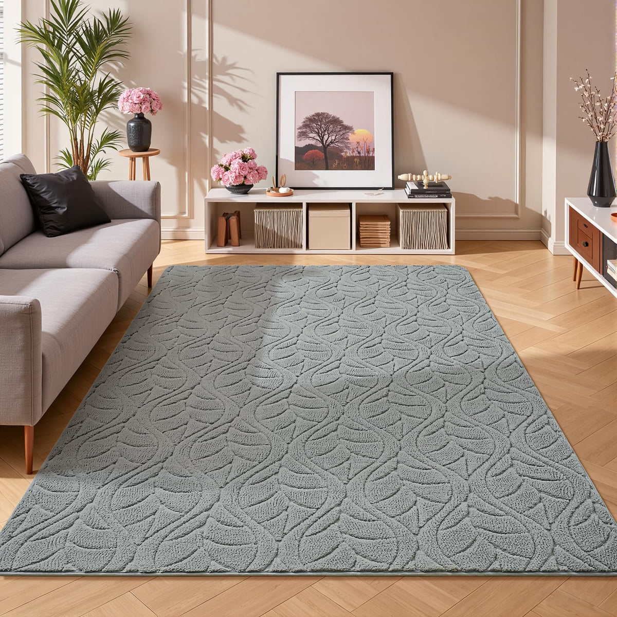 Grey Fluffy Area Rug for Bedroom, 3x5 Geometric Shag Rugs