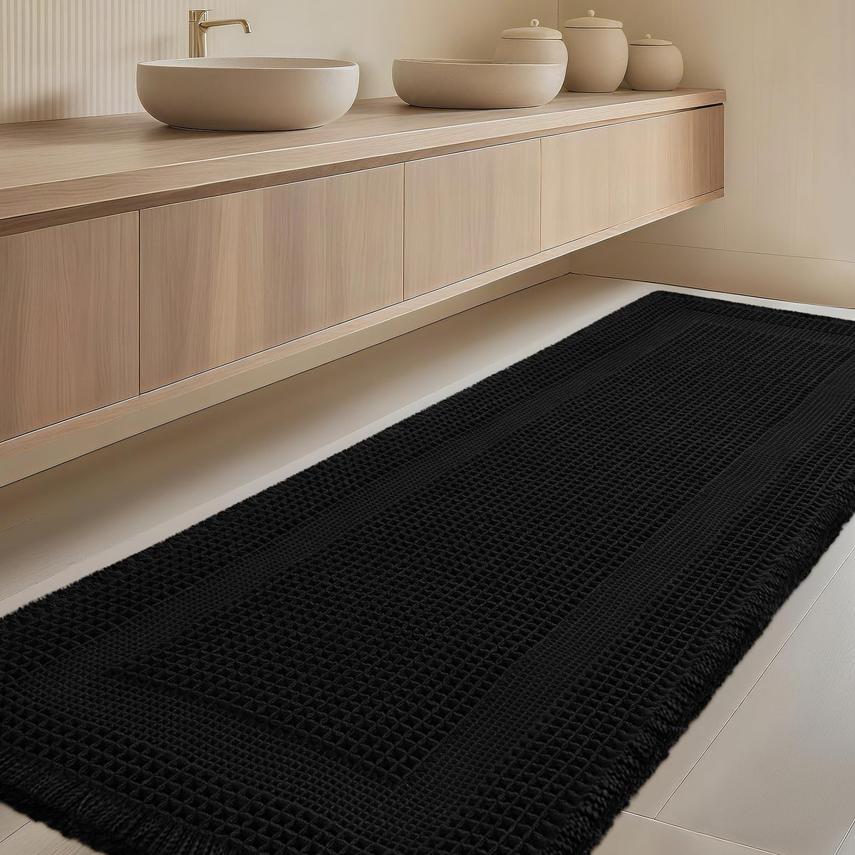 Upgrade Waffle Bath Mat Set 2 Piece, Boho Bathroom Rugs Absorbent Non Slip, Ultra Soft Bathroom Mat, Machine Washable Knit Bath Rugs with Herringbones for Bathroom, Bedroom, Kitchen, Shower, White