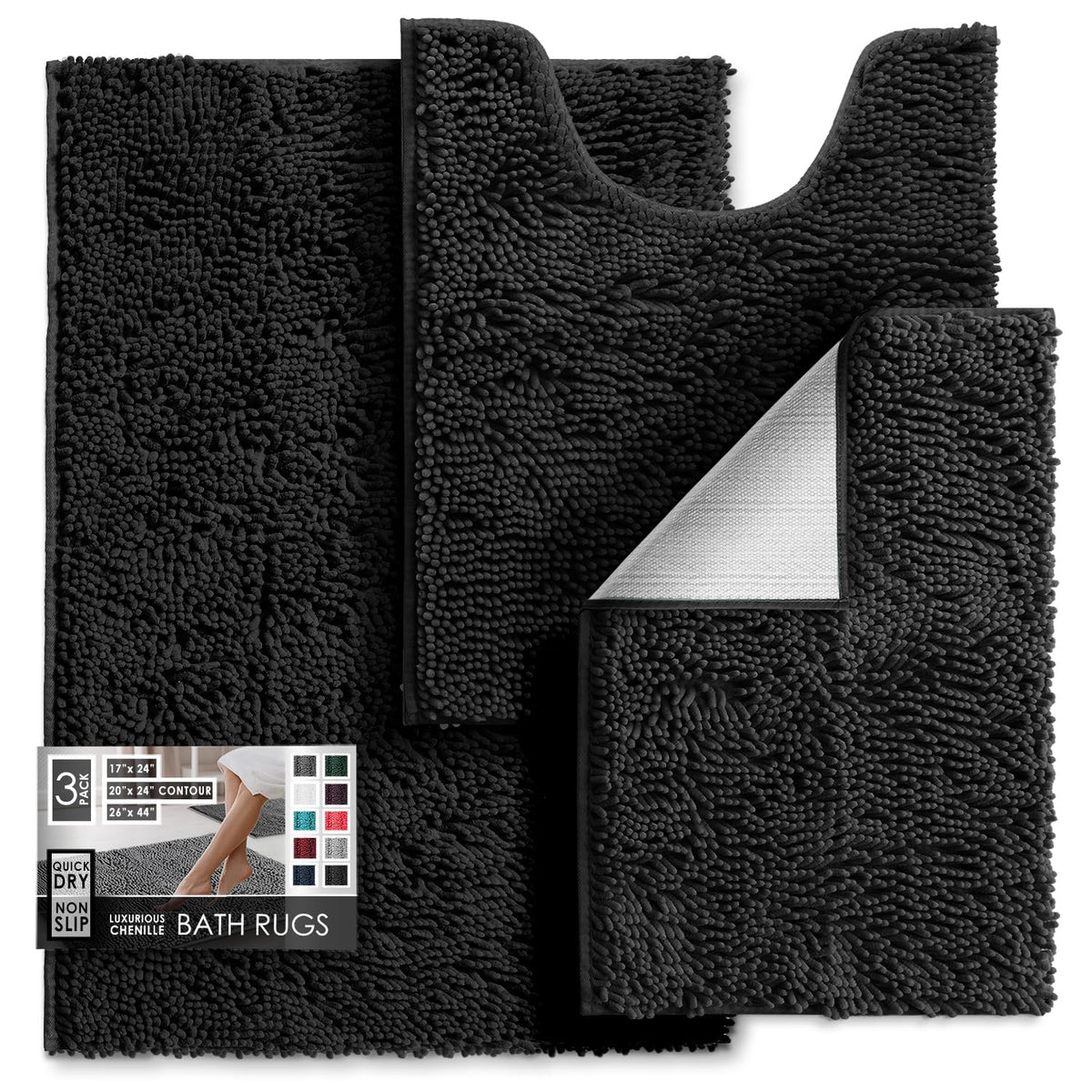 Hearth & Harbor Bathroom Rugs, Chenille Bath Mat - Machine Washable Bath Mats for Bathroom Non-Slip Backing Rubber, Quick Dry Bathroom Mat, 17 x 24 + 20 x 32 - Hunter Green