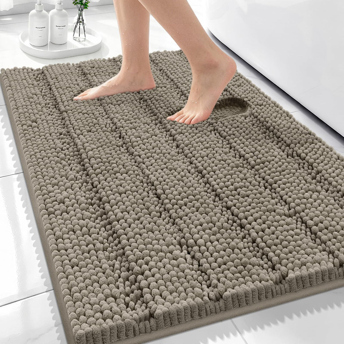 Bcoimo Small Bath Rug Mat,24x17 Chenille Non Slip Gray Bathroom Shower Mat