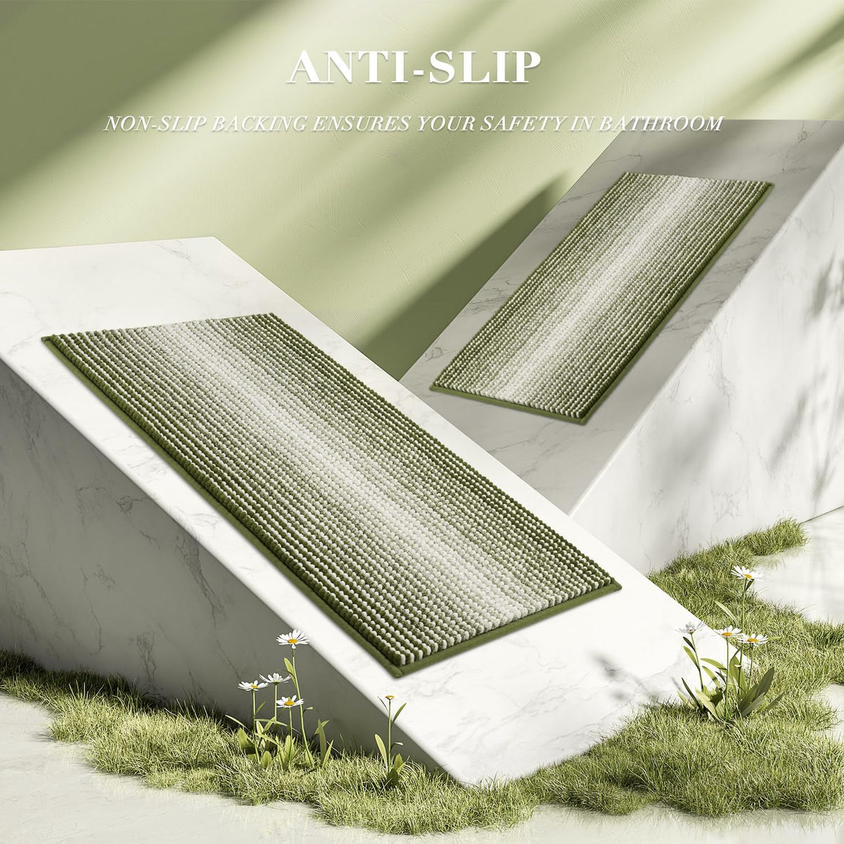 BSICPRO Bathroom Rugs Sets 2 Piece, Non Slip Striped Bath Mats, Sage