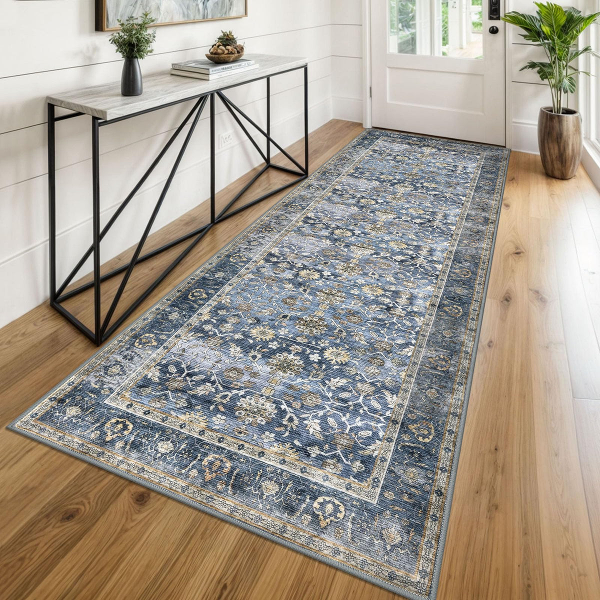KUTA Vintage Floral Washable 2x3 Rugs for Entryway Blue Grey Beige