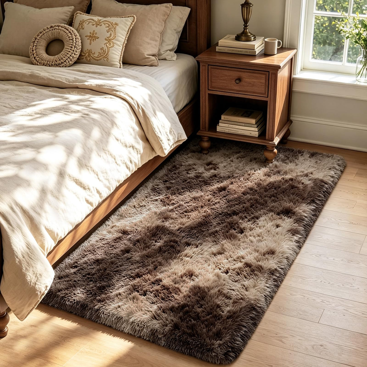 Beige 2x4 Area Rugs for Bedroom, Fluffy Shag Rug Small Rug Bedside Carpet
