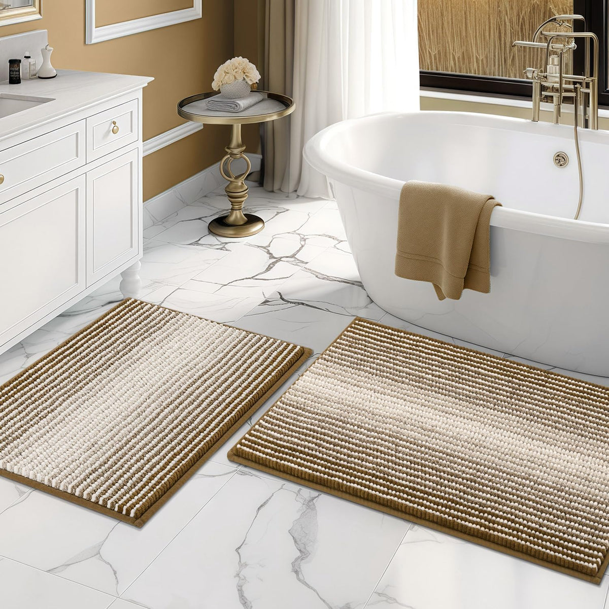 BSICPRO Bathroom Rugs Sets 2 Piece, Non Slip Striped Bath Mats, Sage