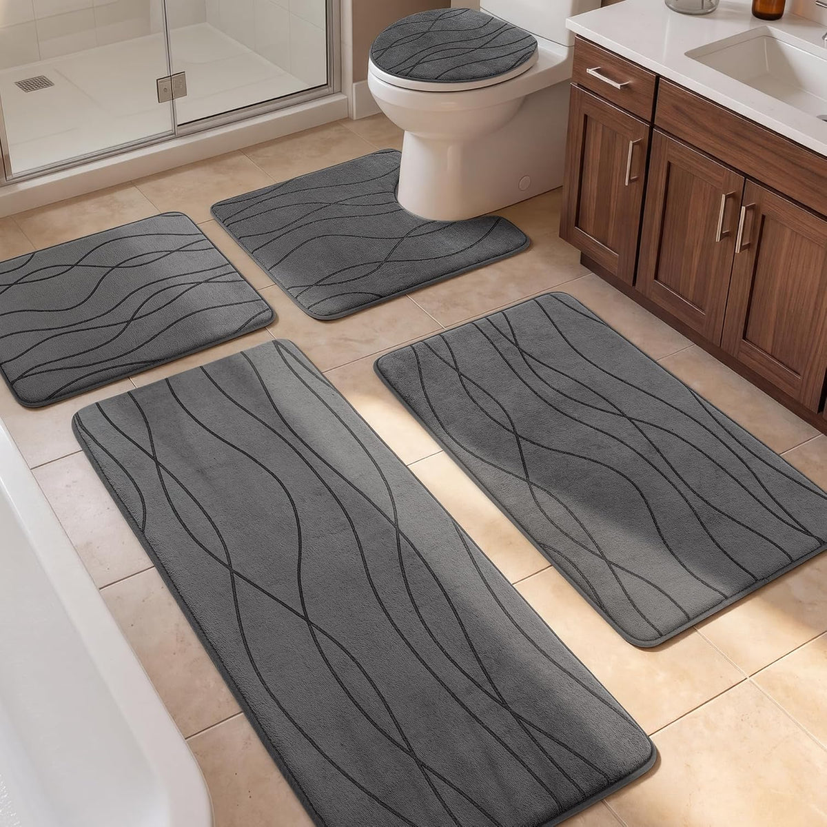 YIHOUSE Bathroom Rugs Set 5 Piece, Memory Foam Bath Mat Dark Grey