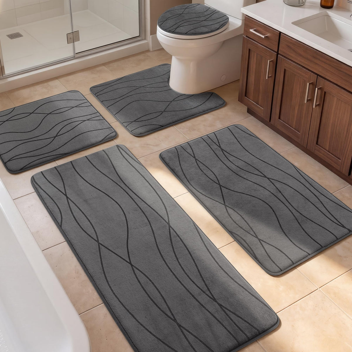 YIHOUSE Bathroom Rugs Set 5 Piece, Memory Foam Bath Mat Dark Grey