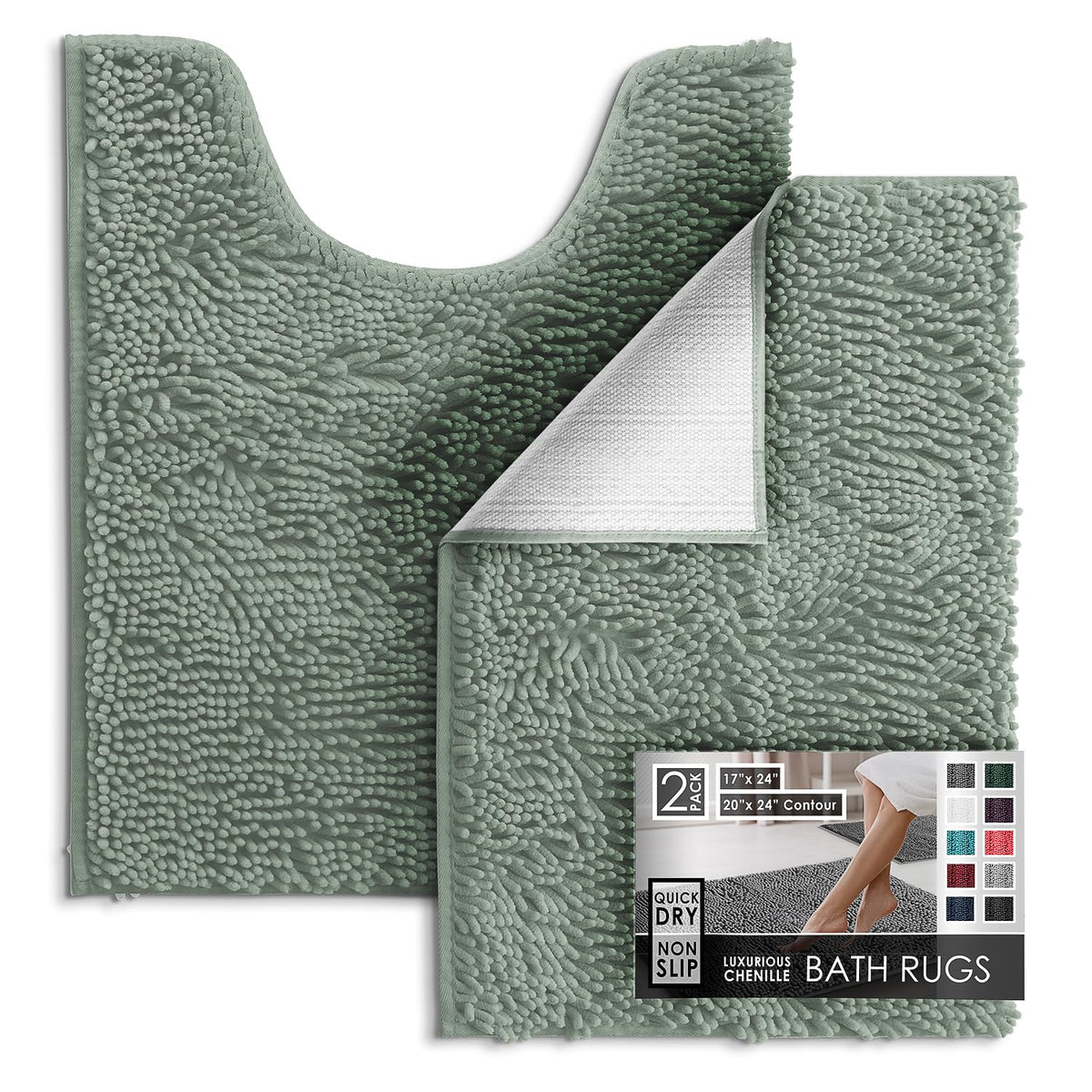 Hearth & Harbor Bathroom Rugs, Chenille Bath Mat - Machine Washable Bath Mats for Bathroom Non-Slip Backing Rubber, Quick Dry Bathroom Mat, 17 x 24 + 20 x 32 - Hunter Green