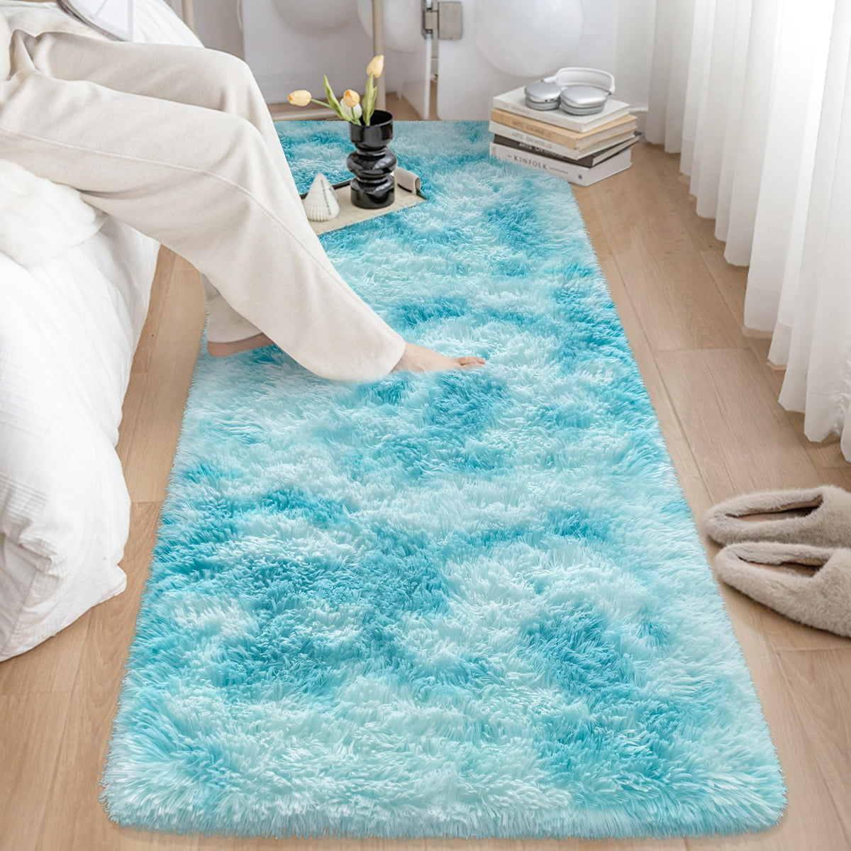 Soft Fluffy Beige Runner Rug for Bedroom, Bedside Long Rug Runner