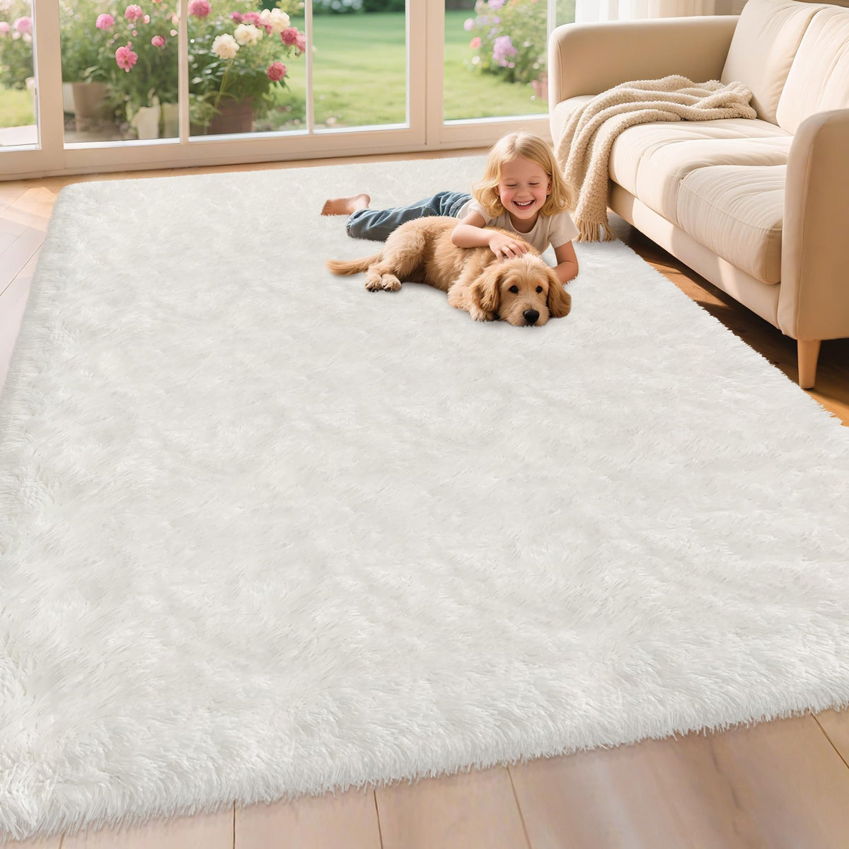 Soft Fluffy Beige Runner Rug for Bedroom, Bedside Long Rug Runner