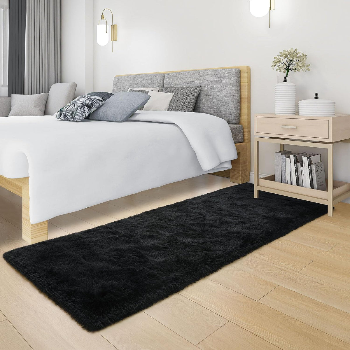 Tepook Black Soft Runner Rugs for Bedroom 2x6 ft with Rubber Backing
