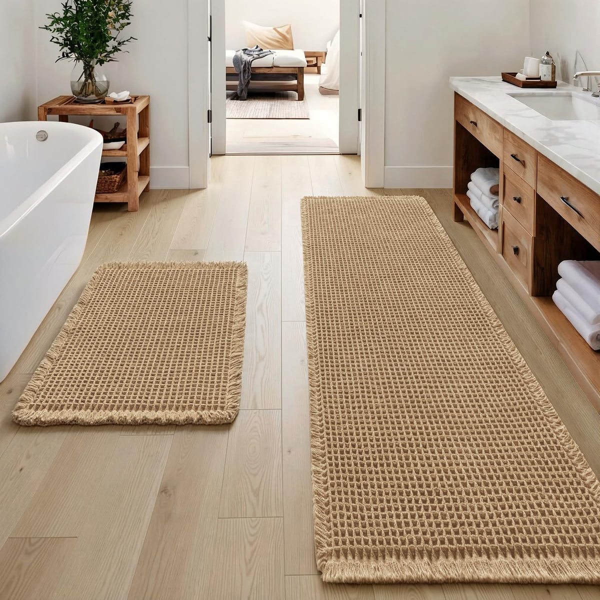 MIULEE Set of 2 Waffle Bathroom Rugs Boho Bath Mat Brown 18x30 Inch