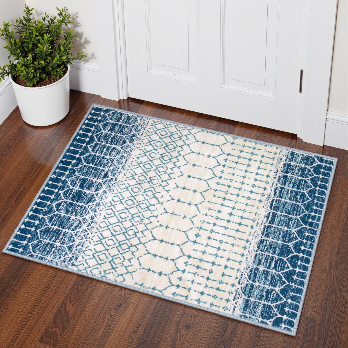 Lahome Moroccan Indoor Rugs for Entryway 2x3 Area Rug Non-Slip Backing Washable Inside Door Mats Low-Profile Throw Soft Rugs for Bathroom, Geometric Print Distressed Blue Rug for Kitchen Bedside Hana