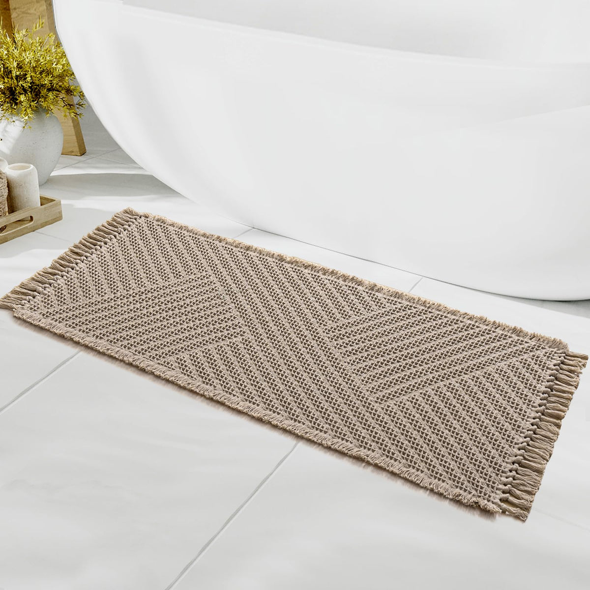 H.VERSAILTEX Waffle Bath Mat Super Absorbent Boho Bath Mat Non Slip Bath Rugs for Bathroom Floor Machine Washable Dry Fast Bathroom Rugs with Tassels, 24" x 36", Ivory White