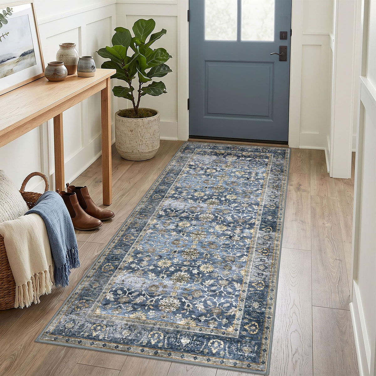 KUTA Vintage Floral Washable 2x3 Rugs for Entryway Blue Grey Beige