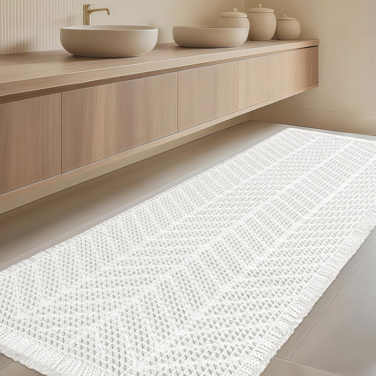 Upgrade Waffle Bath Mat Set 2 Piece, Boho Bathroom Rugs Absorbent Non Slip, Ultra Soft Bathroom Mat, Machine Washable Knit Bath Rugs with Herringbones for Bathroom, Bedroom, Kitchen, Shower, White