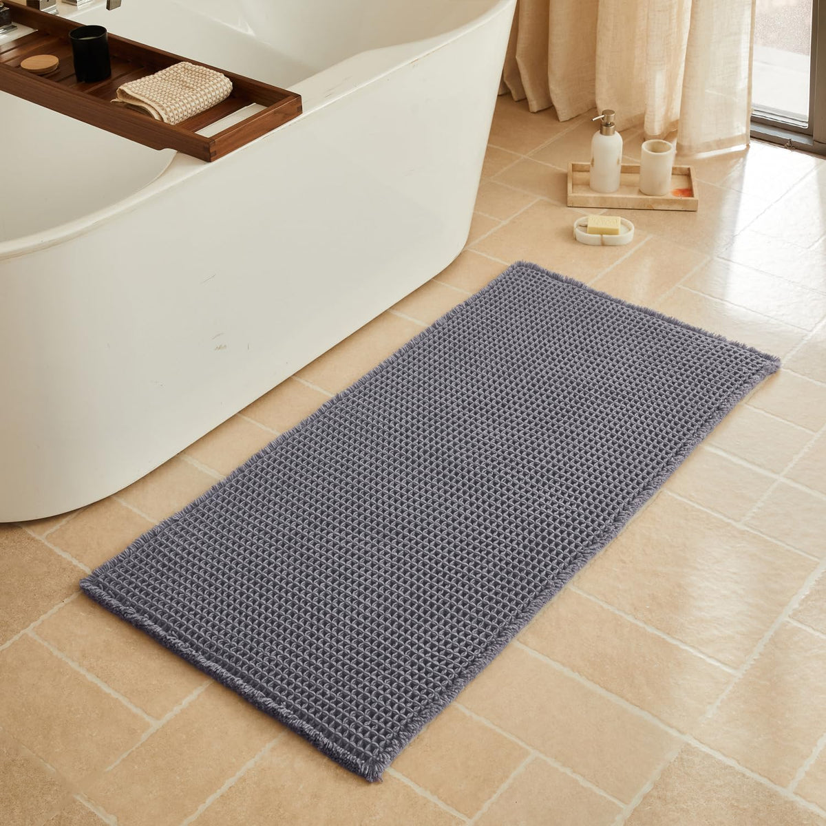 Triohero Waffle Bath Mat, Small Boho Bathroom Rugs Non Slip, 16x24 Khaki