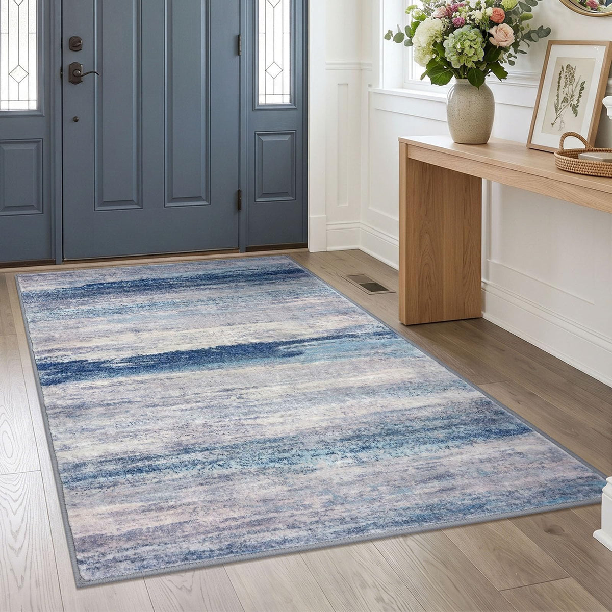 KOZYFLY Abstract Entryway Rug 2x3 Washable Door Mat Indoor Blue Beige