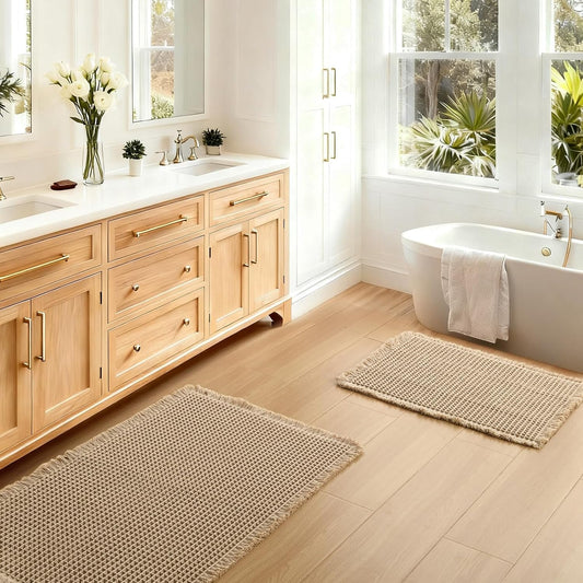 JIUZHEN Set of 2 Waffle Bath Mats Boho Bath Rugs 16"x24"+20"x32", Brown