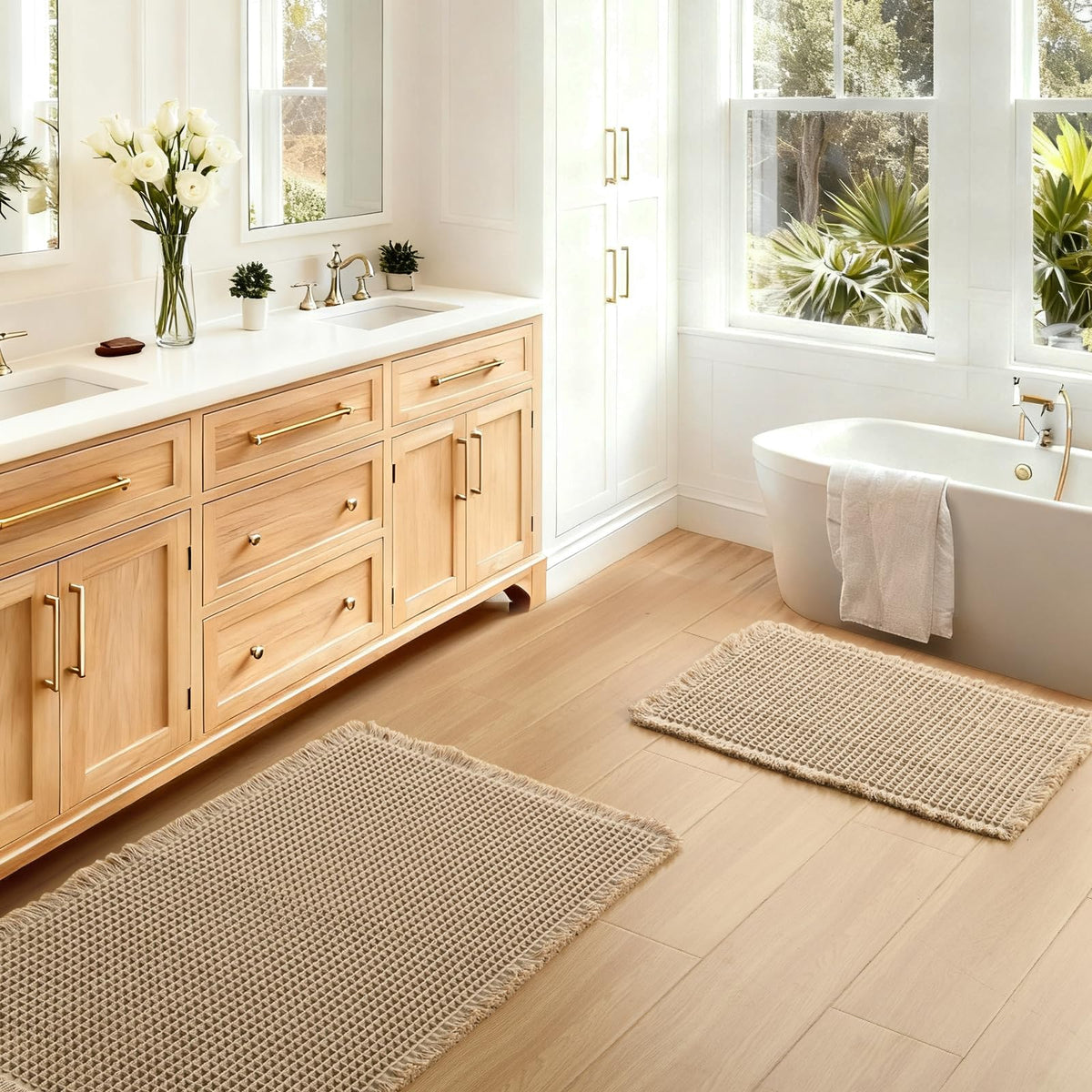 JIUZHEN Set of 2 Waffle Bath Mats Boho Bath Rugs 16"x24"+20"x32", Brown
