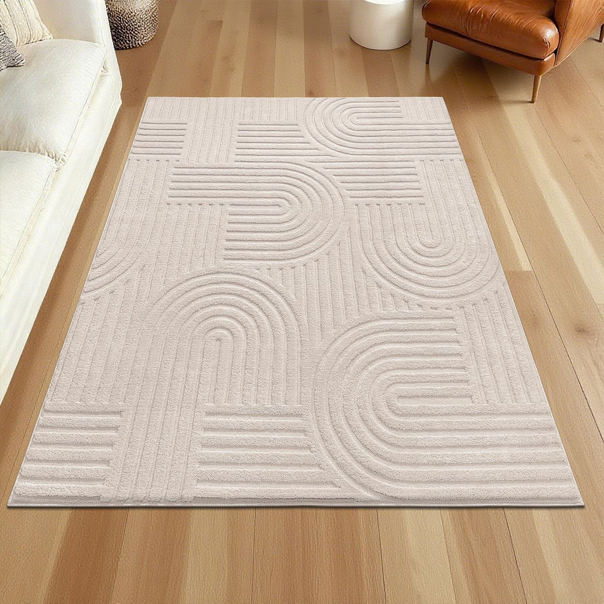 SHACOS Soft Fluffy Arch Pattern Area Rug 2'7"x5' Non Slip Washable Minimalist Modern High-Low Geometric Carpet for Living Room Kitchen Bedroom Bathroom, Beige