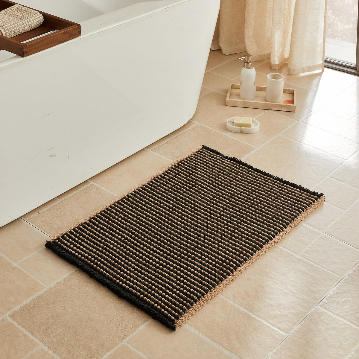 Triohero Waffle Bath Mat, Small Boho Bathroom Rugs Non Slip, 16x24 Khaki