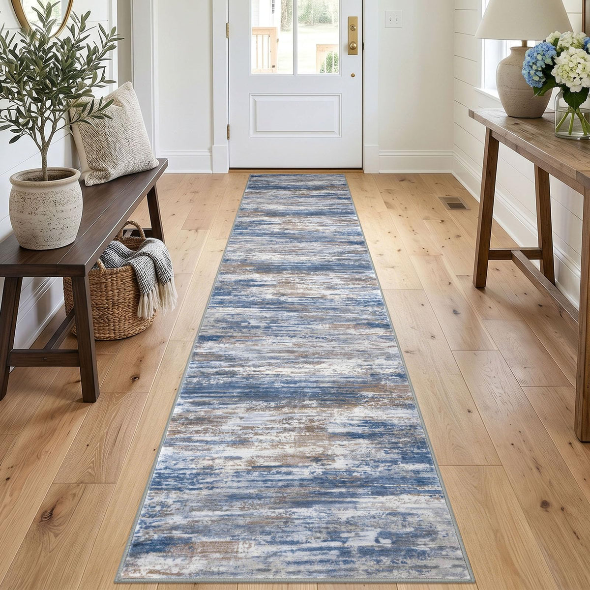 KOZYFLY Abstract Entryway Rug 2x3 Washable Door Mat Indoor Blue Beige