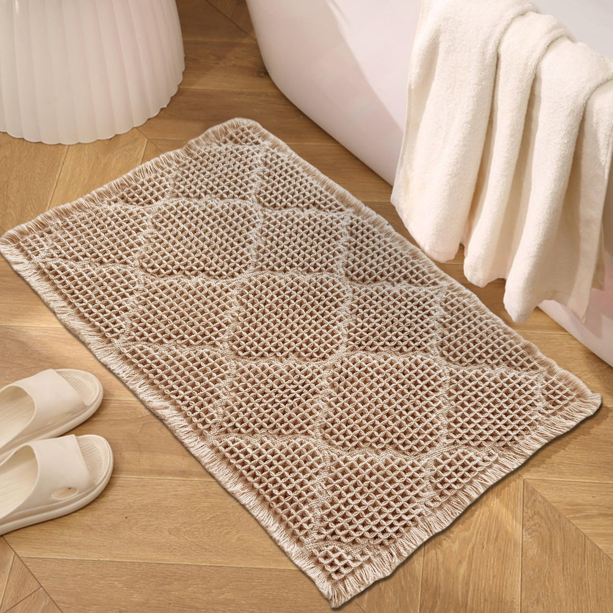 ZALL Tan Waffle Bath Mat,Super Absorbent Non Slip Bathroom Rug,Brown 18x30inch,Machine Washable Ultra Soft Floor Mats