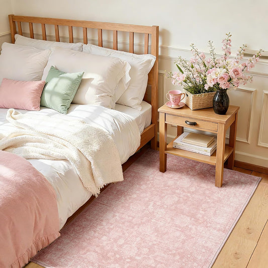 FROZZUR 3x5 Pink Washable Rug - Vintage Floral Low Pile Area Rug for Bedroom, Girls Room, Entryway - Soft Bedside Accent Carpet for Office or Kids Room