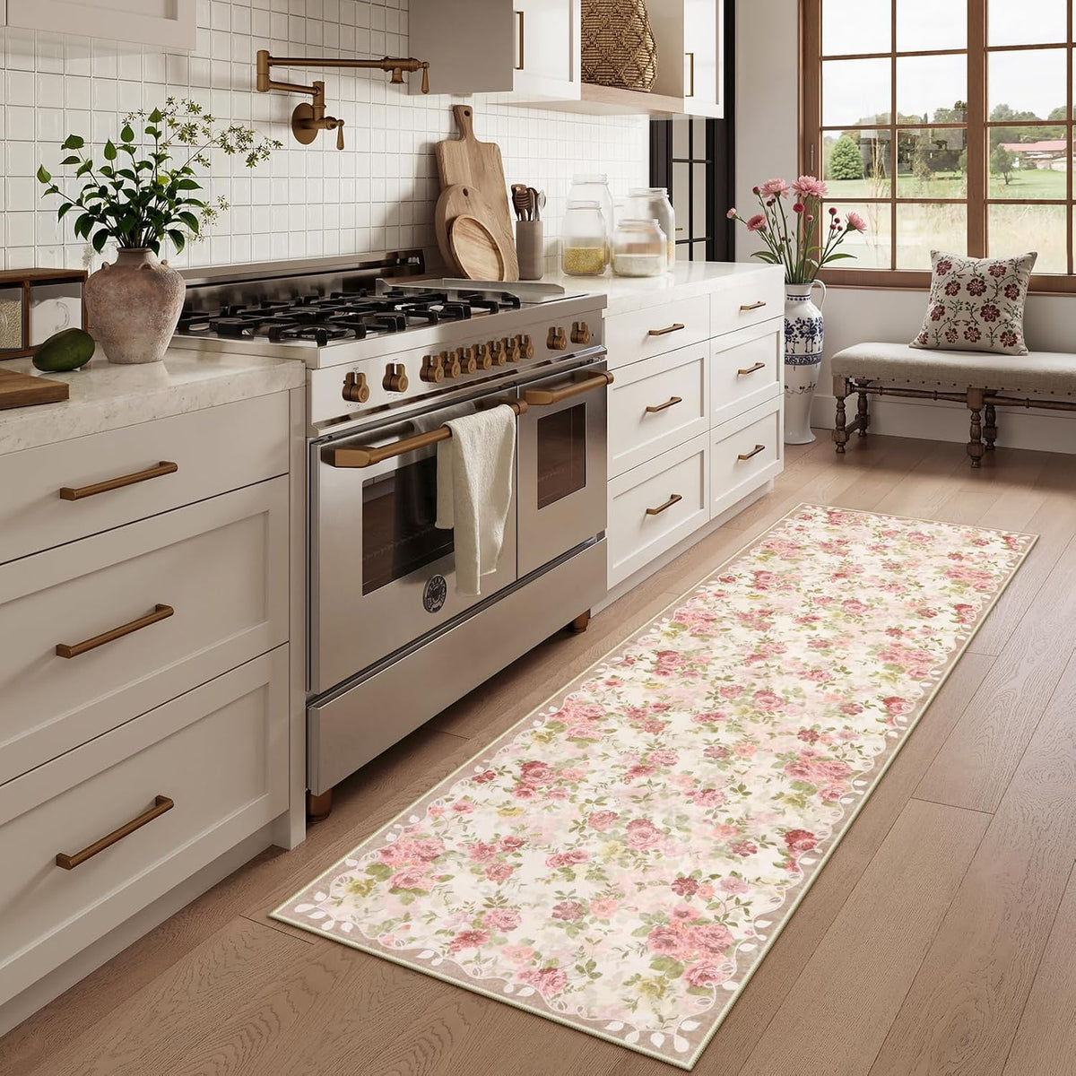 Lahome Floral Pink Bathroom Rug Runners for Hallways Non Slip 2x6