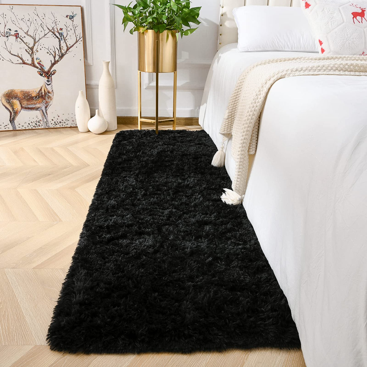 Amearea Shag Fluffy Small Rug, 2x4 Throw Rugs for Bedroom Girls, Black
