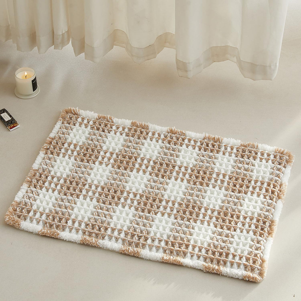 TYUU Waffle Bath Mat, Boho Bathroom Rugs Non Slip Washable, 30x20 Khaki
