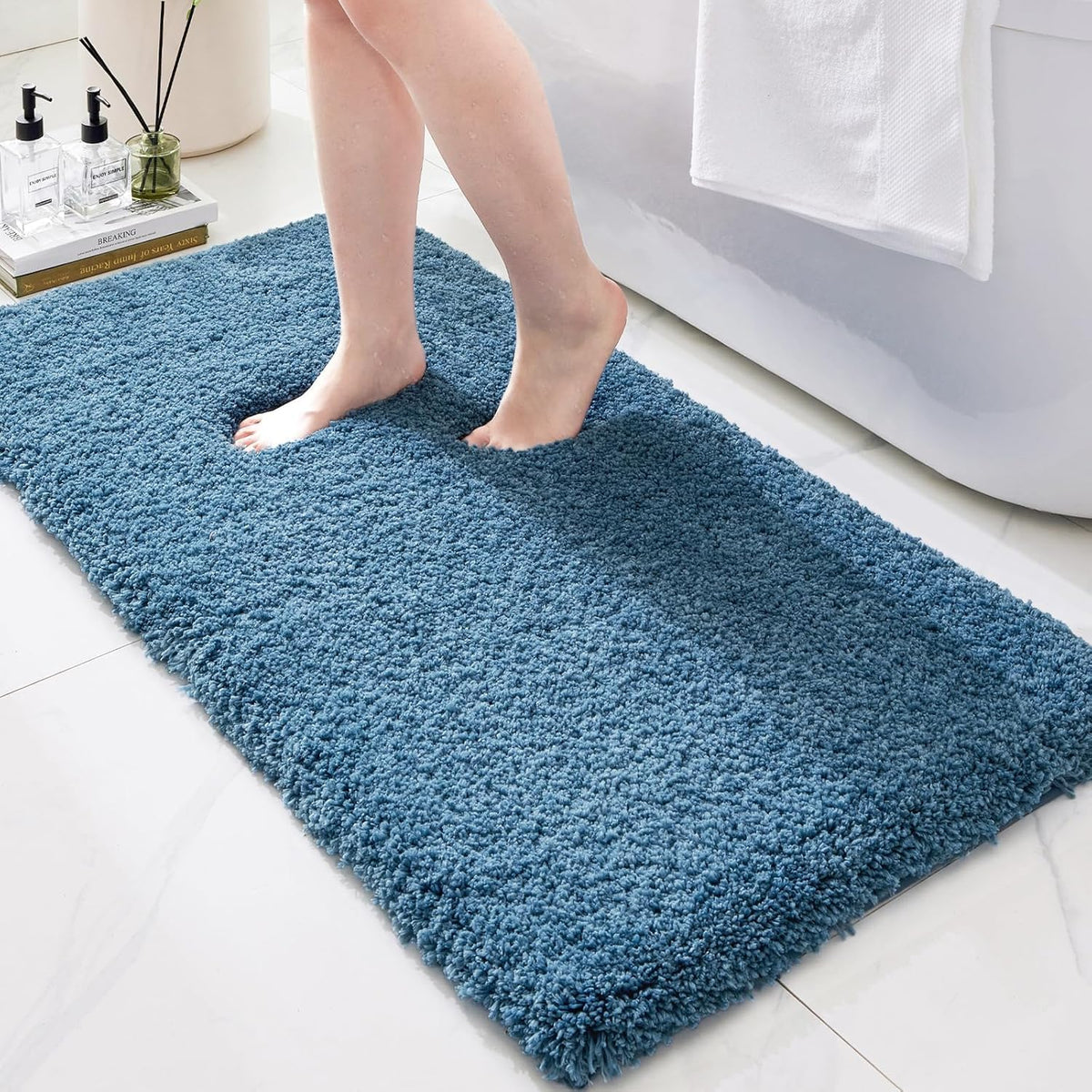 Microfiber Bathroom Rugs 24x17 Absorbent Soft Non Slip, Blue