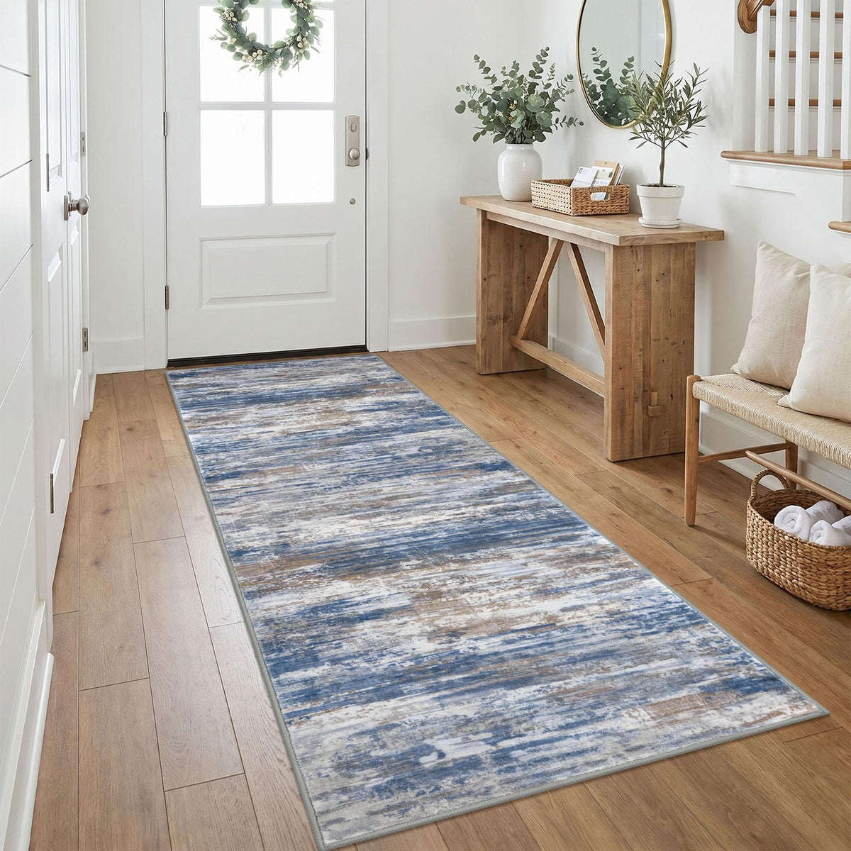 KOZYFLY Abstract Entryway Rug 2x3 Washable Door Mat Indoor Blue Beige