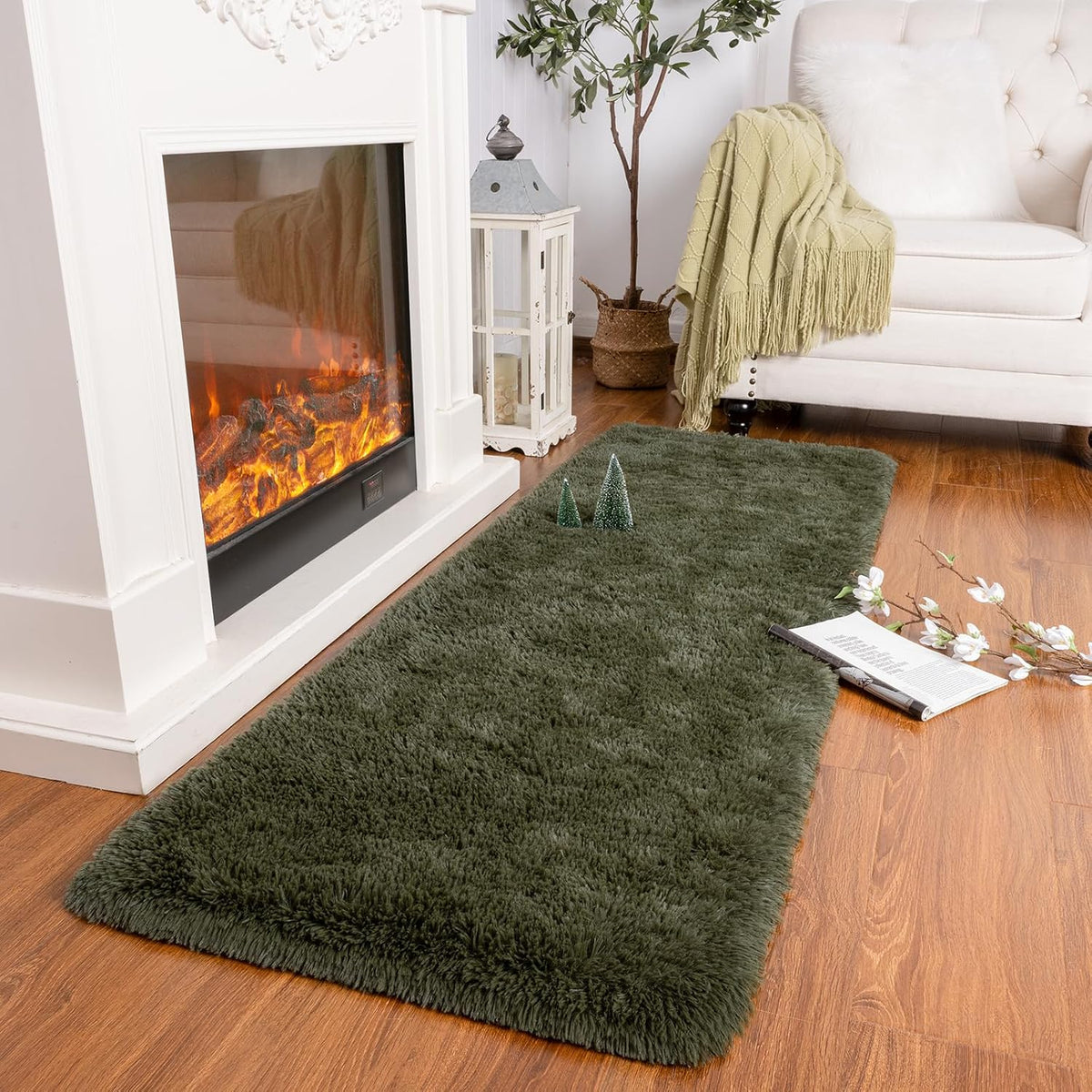 Runner Rug for Bedroom, 2x6 Soft Shag Fluffy Area Rugs for Girls Boy's Room, Plush Shaggy Carpet with Non-Slip Bottom for Living Room Dorm, Olive Green