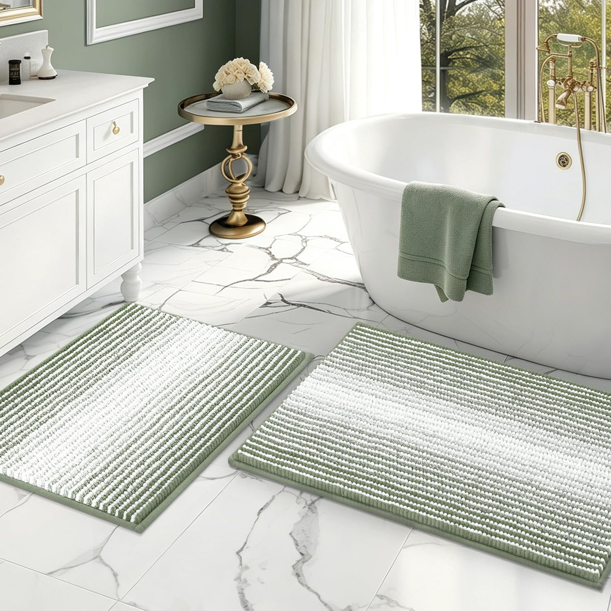 BSICPRO Bathroom Rugs Sets 2 Piece, Non Slip Striped Bath Mats, Sage