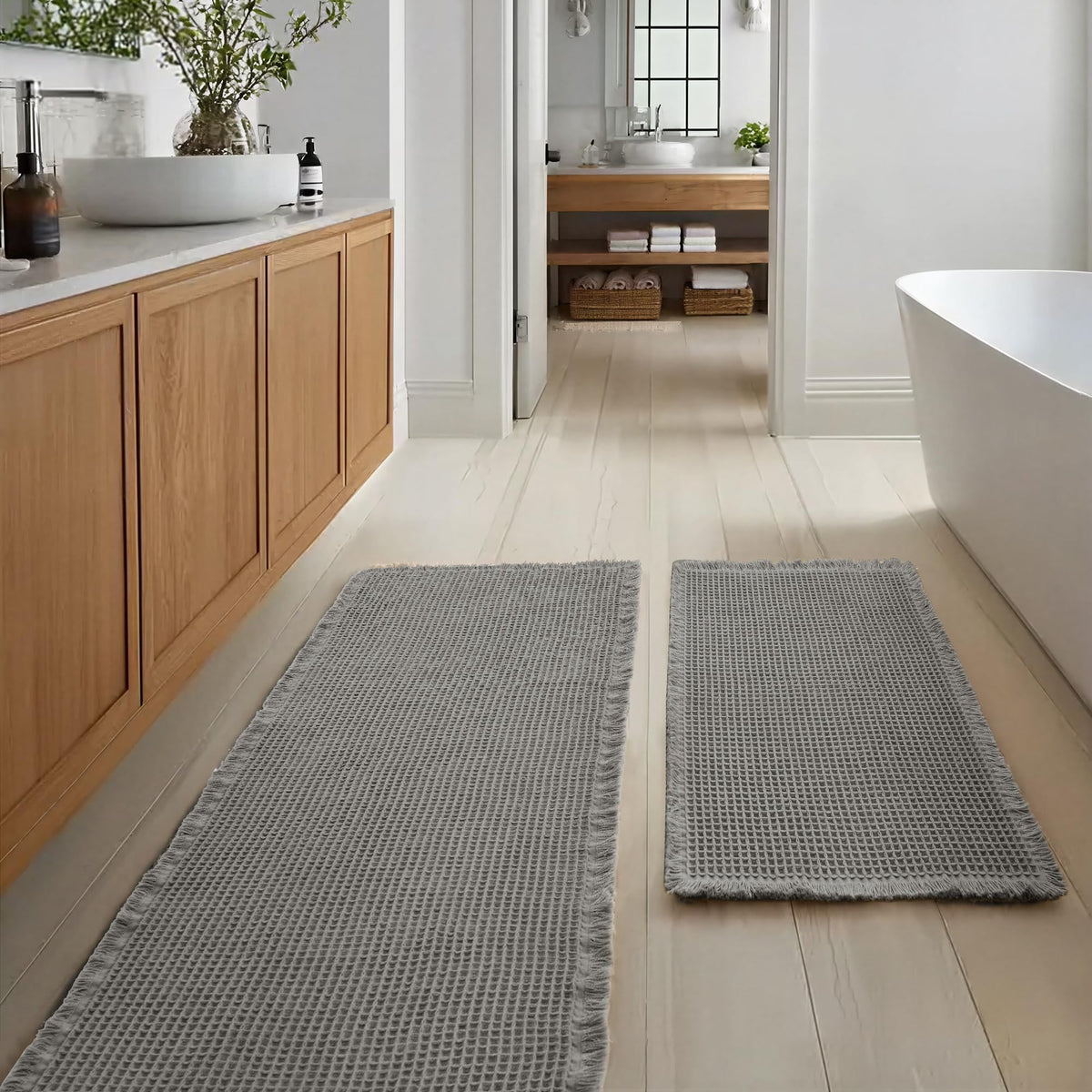 JIUZHEN Set of 2 Waffle Bath Mats Boho Bath Rugs 16"x24"+20"x32", Brown