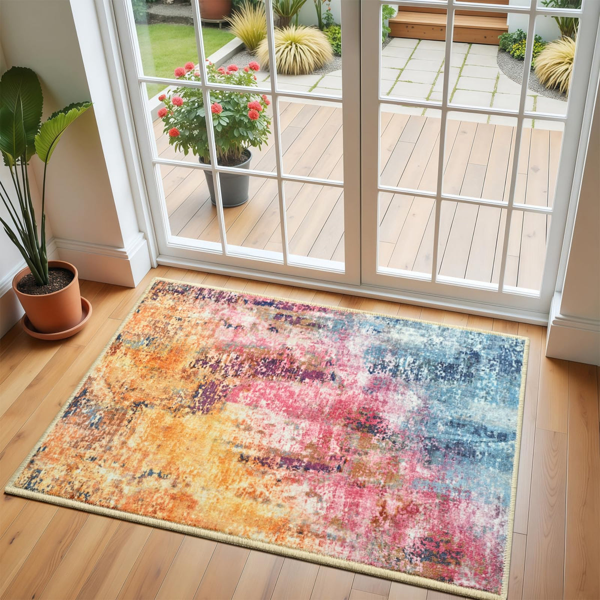 Pink Washable Runner Rug for Bedroom, Abstract Non-Slip Soft Entryway Rugs, Modern Low Pile Stain Resistant 2x6 Carpet for Entryway, Kitchen, Hallway, Bedside