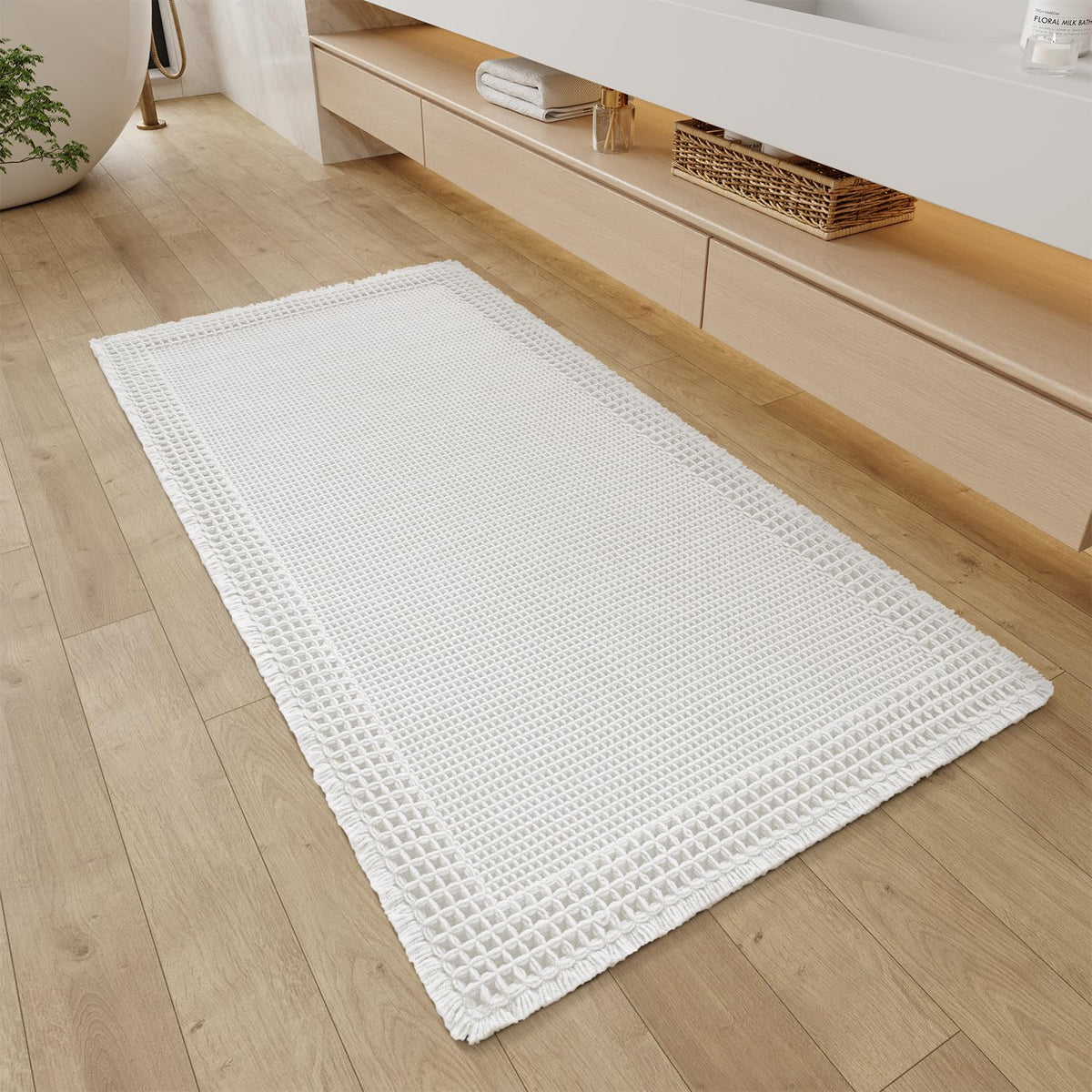 RESARE Waffle Bathroom Runner Rugs, Non Slip Boho Bath Mat 24"x72" Brown