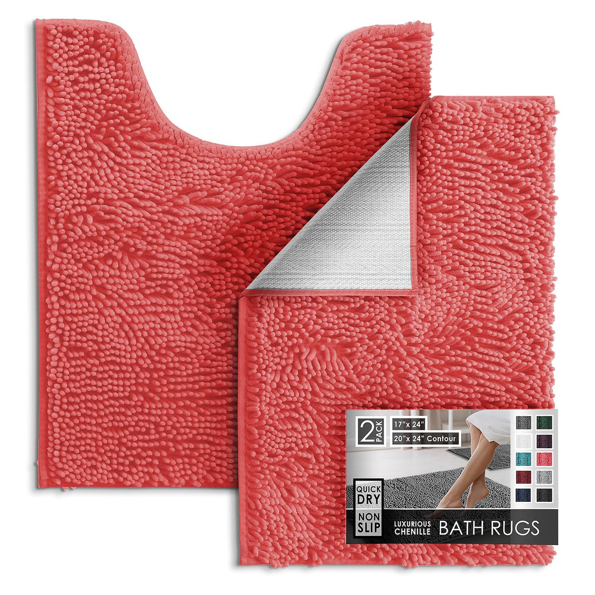 Hearth & Harbor Bathroom Rugs, Chenille Bath Mat - Machine Washable Bath Mats for Bathroom Non-Slip Backing Rubber, Quick Dry Bathroom Mat, 17 x 24 + 20 x 32 - Hunter Green