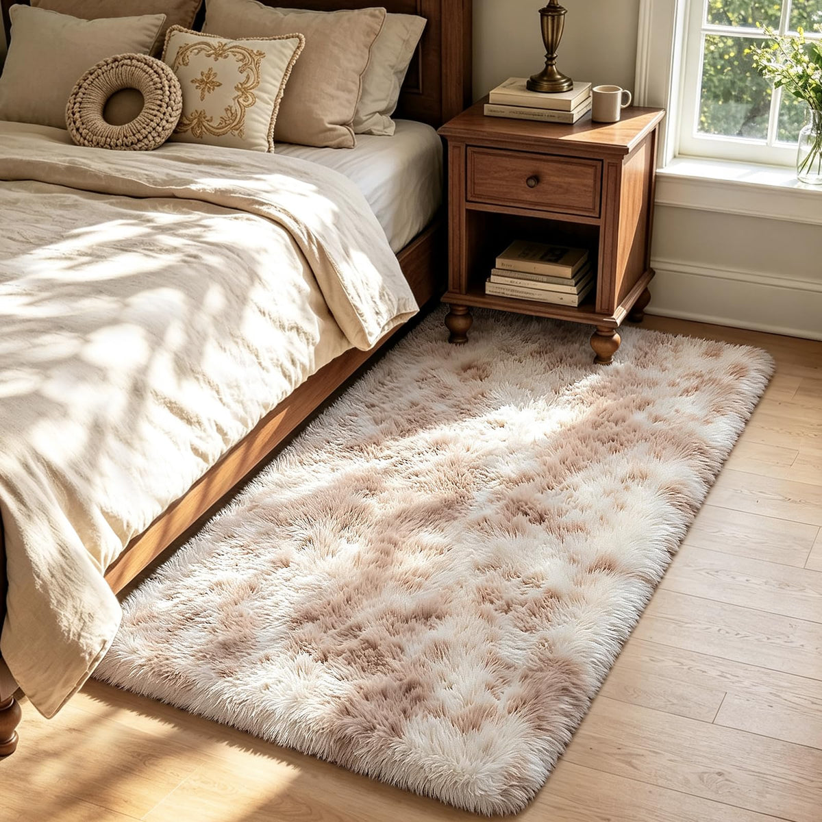 Beige 2x4 Area Rugs for Bedroom, Fluffy Shag Rug Small Rug Bedside Carpet