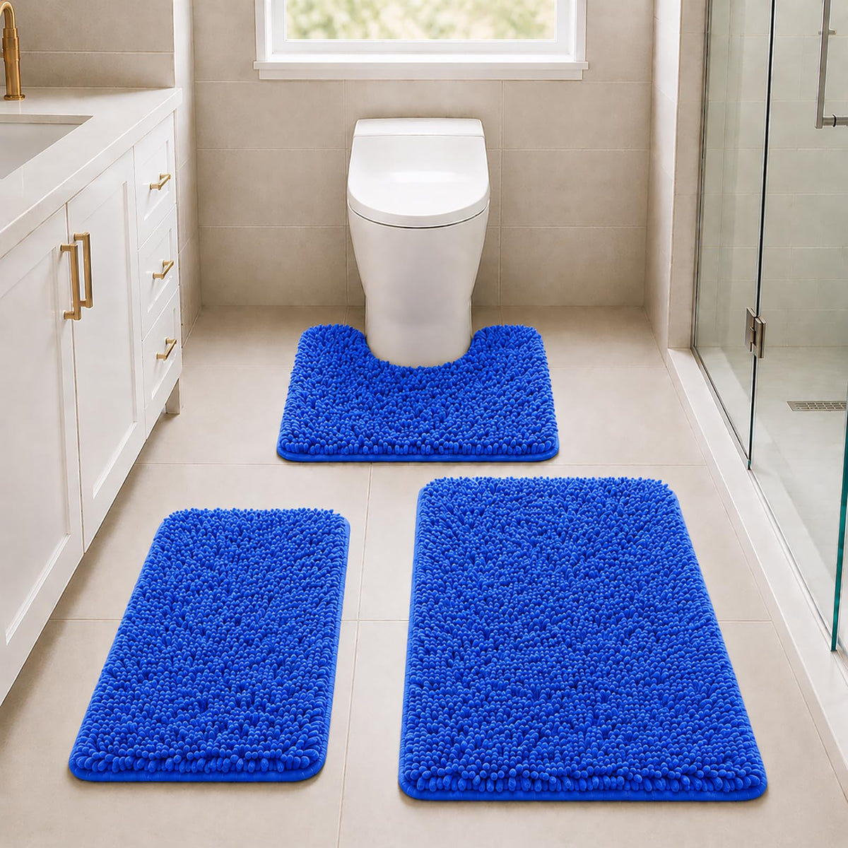 Bathroom Rugs Set Non Slip 3 Piece Bath Mat Washable Chenille Bath Rugs with PVC Backing Bath Carpet,Absorbent Bathroom Mats with Toilet Rug,Bath Mats for Bathroom,Bedroom, Kitchen,Tub,Home Decor