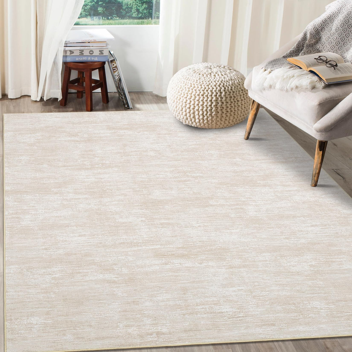 RUGSREAL Small Area Rug 2x3 Entryway Mat with Rubber Backing Stain Resistant Throw Carpet Modern Solid Color Bath Mat Contempowary Washable Rug for Living Room Bedroom Dining Room Kitchen, Beige 2x3