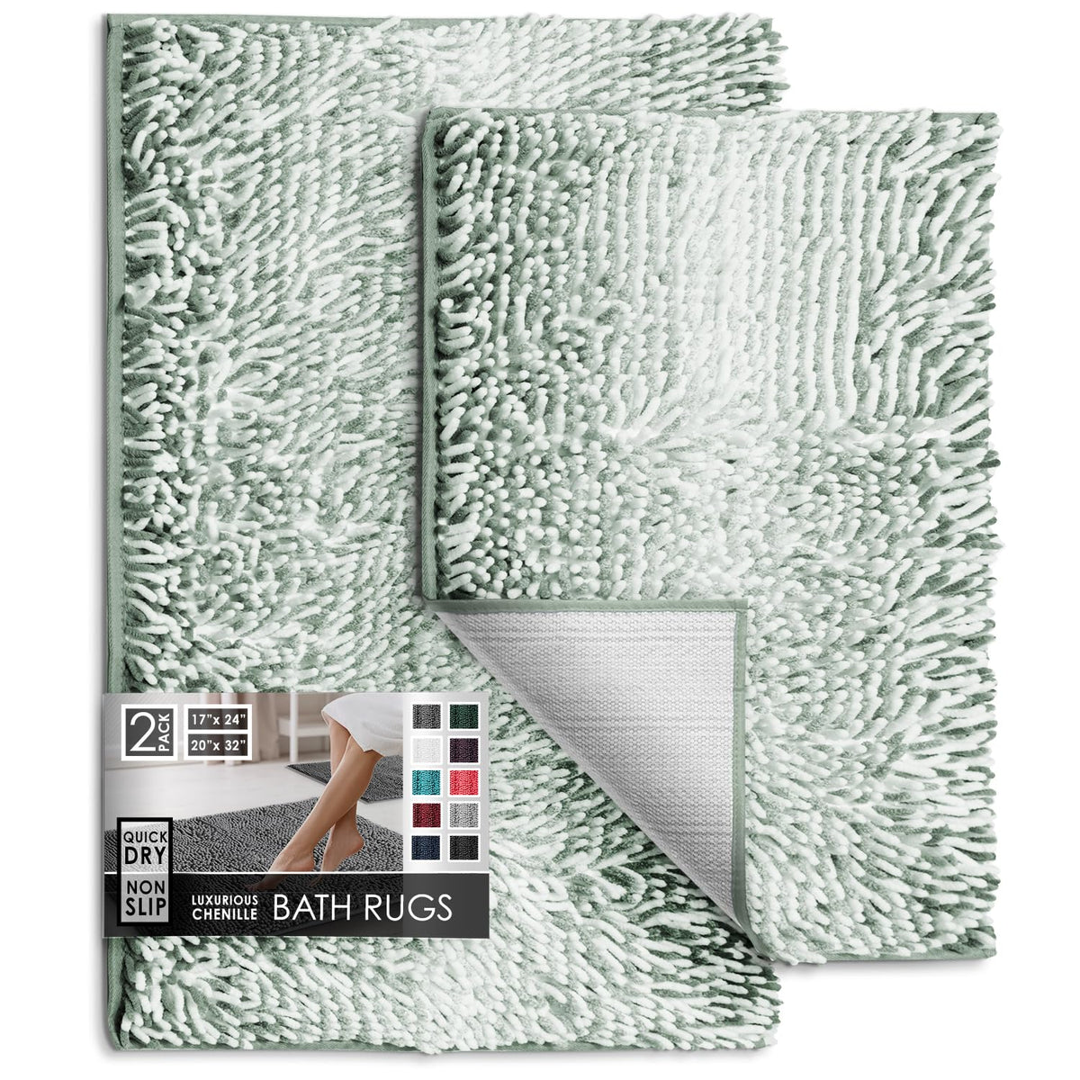 Hearth & Harbor Bathroom Rugs, Chenille Bath Mat - Machine Washable Bath Mats for Bathroom Non-Slip Backing Rubber, Quick Dry Bathroom Mat, 17 x 24 + 20 x 32 - Hunter Green