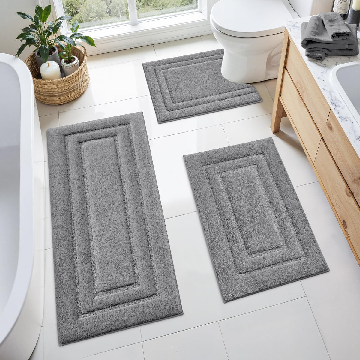 HOMEIDEAS Black Bathroom Rugs Set of 3, Non Slip Bath Mats